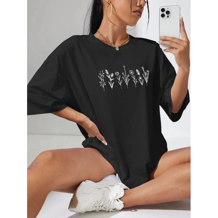 KADIN BASKILI OVERSİZE T-SHİRT - SİYAH