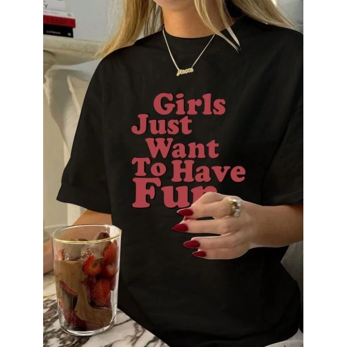 KADIN BASKILI OVERSİZE T-SHİRT - SİYAH