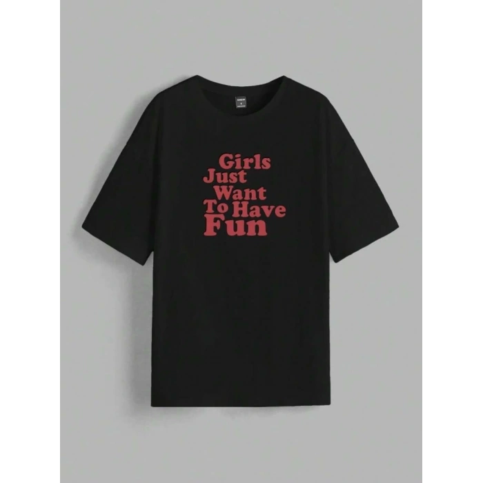 KADIN BASKILI OVERSİZE T-SHİRT - SİYAH