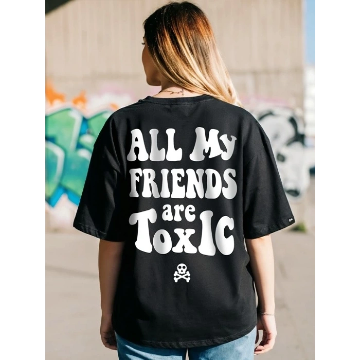 KADIN BASKILI OVERSİZE T-SHİRT - SİYAH