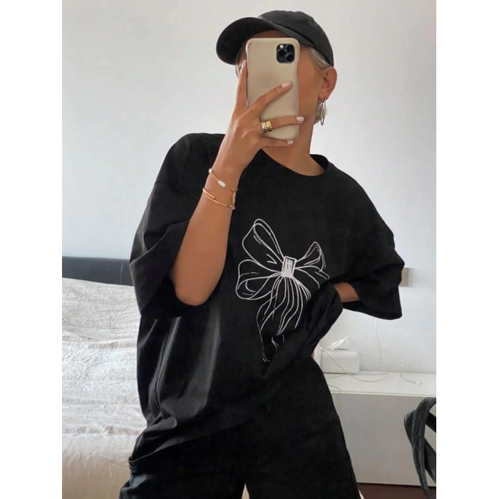 KADIN BASKILI OVERSİZE T-SHİRT - SİYAH