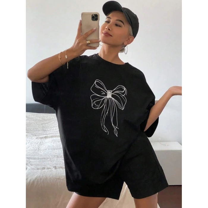 KADIN BASKILI OVERSİZE T-SHİRT - SİYAH