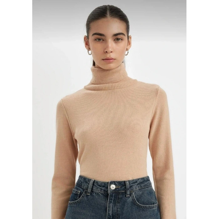 Kadın Bej Fitilli Balıkçı Yaka Triko Kazak