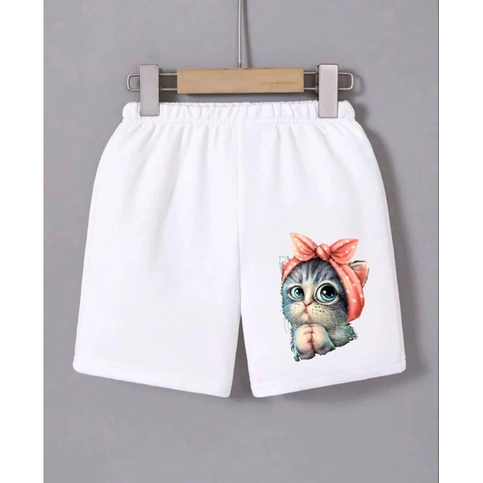 KADIN BELİ LASTİKLİ BASKILI MİNİ ŞORT - BEYAZ