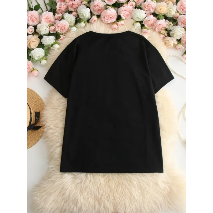 KADIN BEYAZ IVE GOT YOUR BACK GRAFİK TİŞÖRT - EĞLENCELİ ÇUBUK TASARIMLI OVERSİZE GÜNLÜK KISA KOLLU TİŞÖRT, POLYESTER ÖRGÜ, YUVARLAK YAKA, İLKBAHAR VE YAZ İÇİN MÜKEMMEL, GÜNLÜK GİYİM TİŞÖRT | EĞLENCELİ TASARIM | POLYESTER KUMAŞ- SİYAH