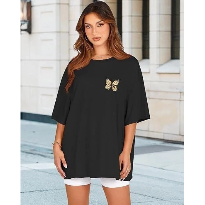 KADIN BİSİKLET YAKA BASKILI T-SHİRT - SİYAH