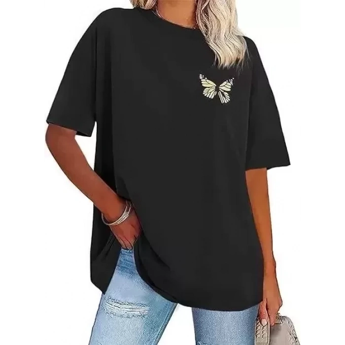 KADIN BİSİKLET YAKA BASKILI T-SHİRT - SİYAH