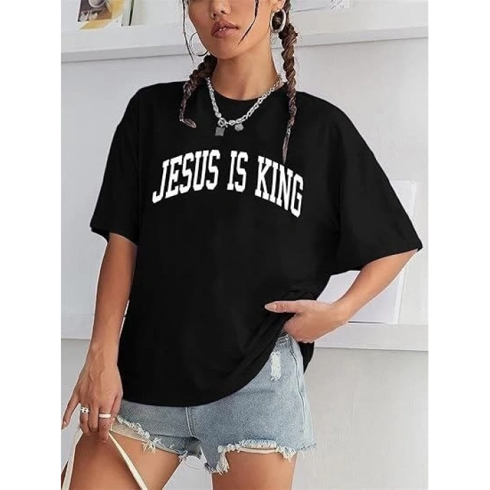 KADIN BİSİKLET YAKA KISA KOL BASKILI T-SHİRT - SİYAH