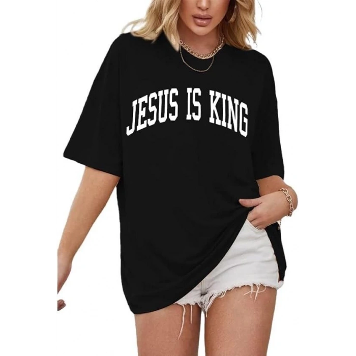 KADIN BİSİKLET YAKA KISA KOL BASKILI T-SHİRT - SİYAH