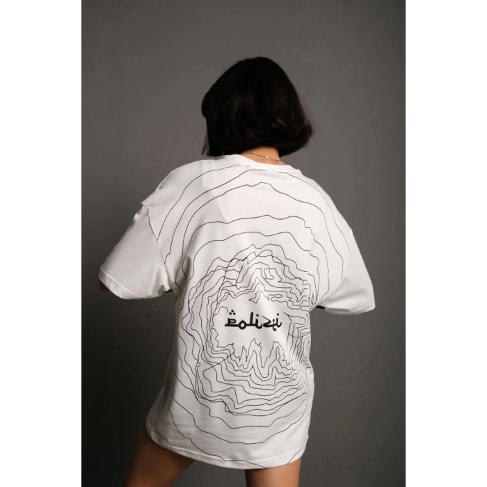 KADIN BİSİKLET YAKALI SIRT BASKILI OVERSİZE T-SHİRT - BEYAZ