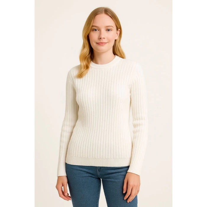 Kadın Bisiklet Yuvarlak Yaka Triko Kazak Pamuklu Kalın Fitilli Dokuma, Regular Fit Uzun Kollu Kışlık Model - Beyaz