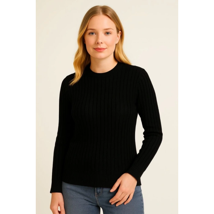 Kadın Bisiklet Yuvarlak Yaka Triko Kazak Pamuklu Kalın Fitilli Dokuma, Regular Fit Uzun Kollu Kışlık Model - Siyah