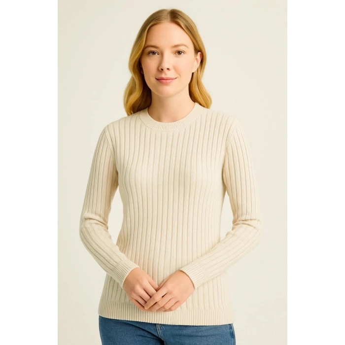 Kadın Bisiklet Yuvarlak Yaka Triko Kazak Pamuklu Kalın Fitilli Dokuma, Regular Fit Uzun Kollu Kışlık Model - Bej