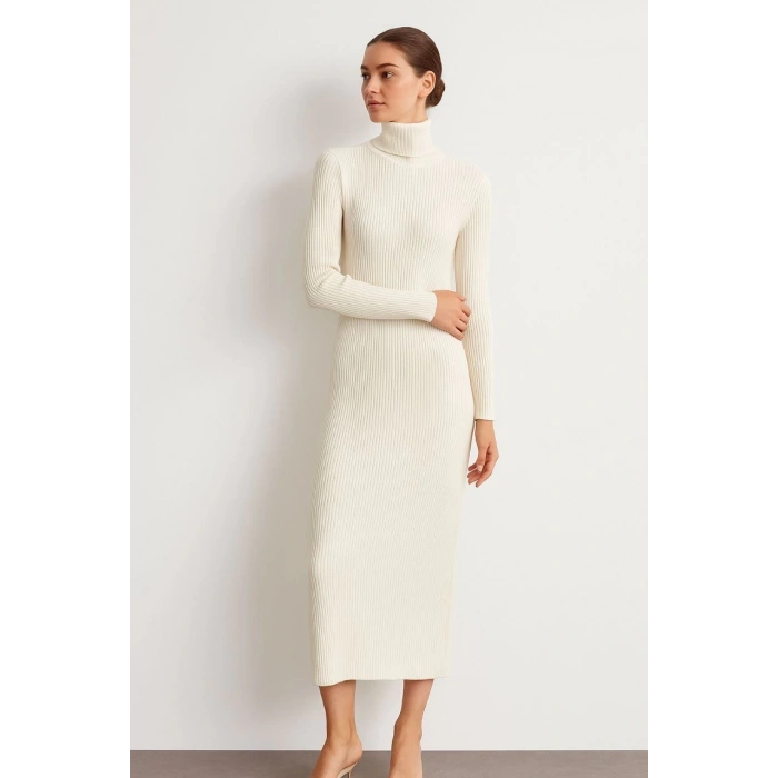 KADIN BOĞAZLI TRİKO ELBİSE – UZUN FİTİLLİ ESNEK DOKUMA, TAM KALIP, KIŞLIK & BAHARLIK ŞIK RAHAT STİL, 130 CM MİDİ BOY ELBİSE - BEYAZ