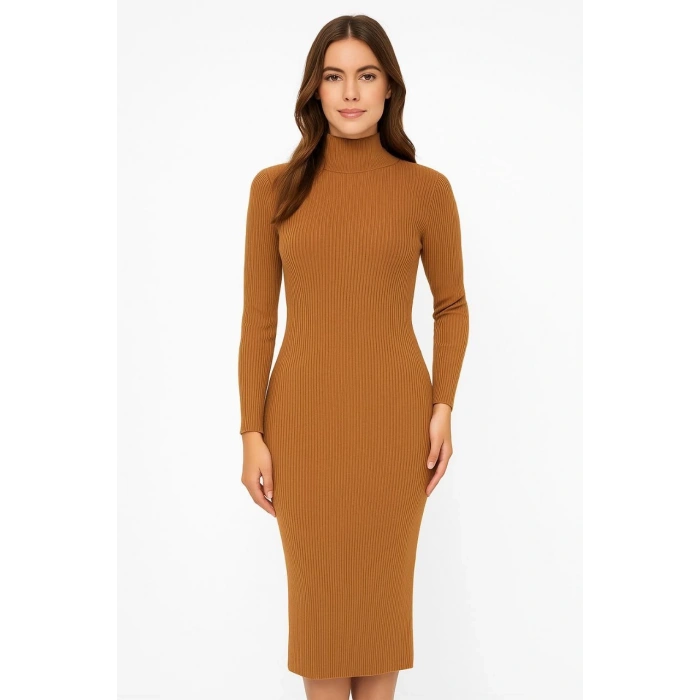 KADIN BOĞAZLI TRİKO ELBİSE – UZUN FİTİLLİ ESNEK DOKUMA, TAM KALIP, KIŞLIK & BAHARLIK ŞIK RAHAT STİL, 130 CM MİDİ BOY ELBİSE - KAHVERENGİ