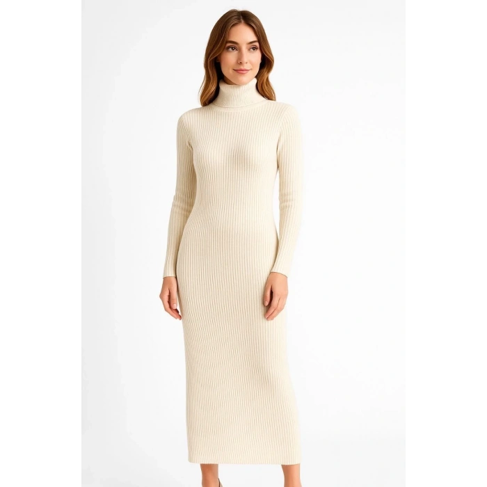 KADIN BOĞAZLI TRİKO ELBİSE – UZUN FİTİLLİ ESNEK DOKUMA, TAM KALIP, KIŞLIK & BAHARLIK ŞIK RAHAT STİL, 130 CM MİDİ BOY ELBİSE - BEYAZ