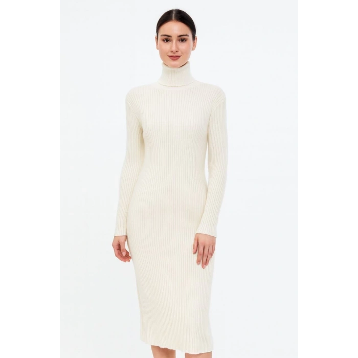 KADIN BOĞAZLI TRİKO ELBİSE – UZUN FİTİLLİ ESNEK DOKUMA, TAM KALIP, KIŞLIK & BAHARLIK ŞIK RAHAT STİL, 130 CM MİDİ BOY ELBİSE - BEYAZ