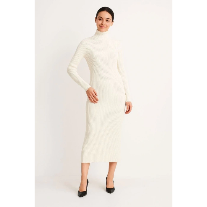 KADIN BOĞAZLI TRİKO ELBİSE – UZUN FİTİLLİ ESNEK DOKUMA, TAM KALIP, KIŞLIK & BAHARLIK ŞIK RAHAT STİL, 130 CM MİDİ BOY ELBİSE - BEYAZ