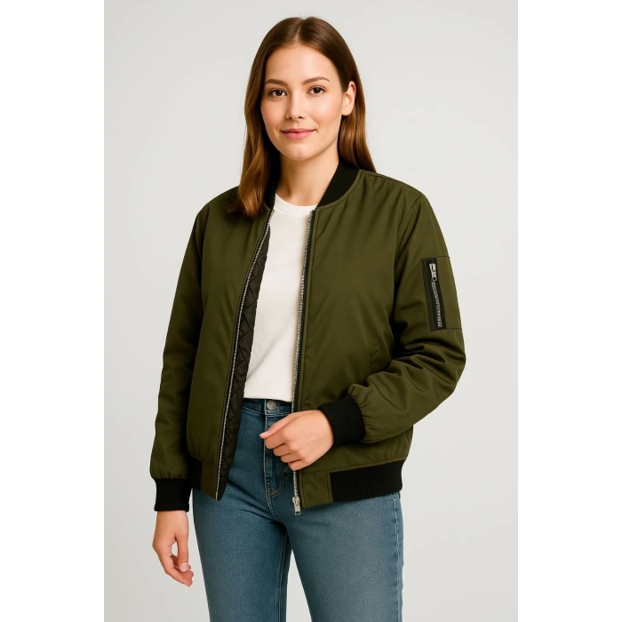 KADIN BOMBER MONT CEKET – FERMUARLI, KAPİTONE İÇİ ASTARLI, SU İTİCİ KUMAŞ, REGULAR FİT, YANDAN CEPLİ, GÜNLÜK BAHAR & KIŞ ŞIK RAHAT STİL - HAKİ