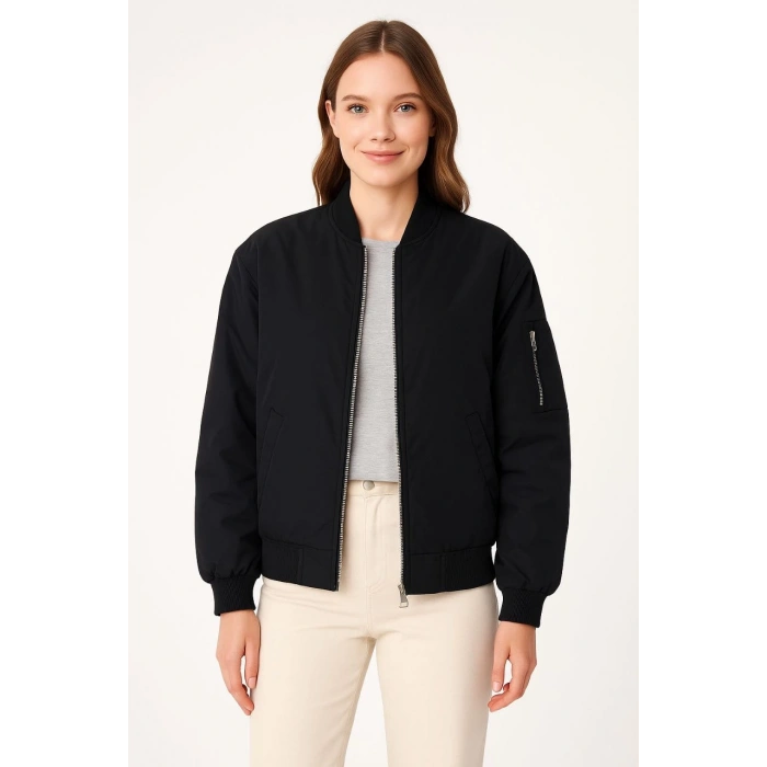KADIN BOMBER MONT CEKET – FERMUARLI, KAPİTONE İÇİ ASTARLI, SU İTİCİ KUMAŞ, REGULAR FİT, YANDAN CEPLİ, GÜNLÜK BAHAR & KIŞ ŞIK RAHAT STİL - SİYAH