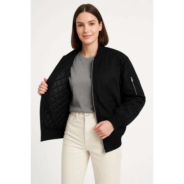 KADIN BOMBER MONT CEKET – FERMUARLI, KAPİTONE İÇİ ASTARLI, SU İTİCİ KUMAŞ, REGULAR FİT, YANDAN CEPLİ, GÜNLÜK BAHAR & KIŞ ŞIK RAHAT STİL - SİYAH