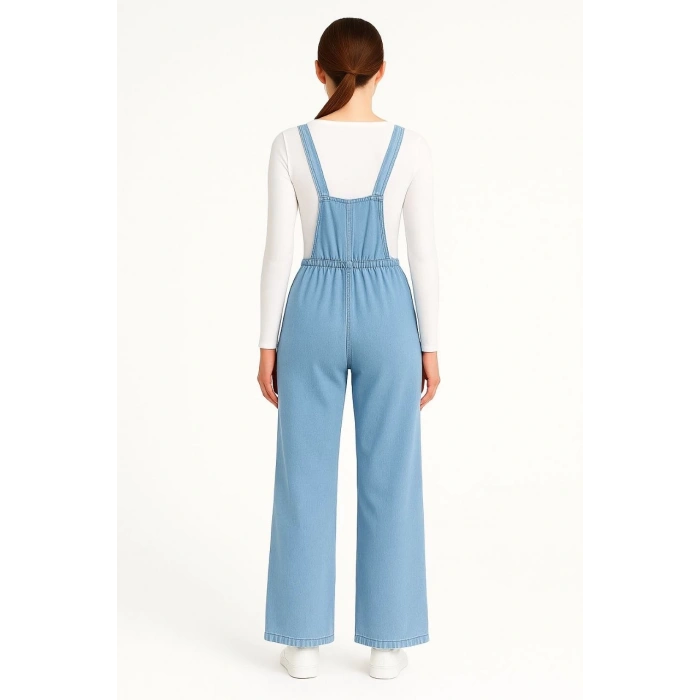 Kadın Chambray Açık Mavi Denim Görünümlü Geniş Paça Salopet Tulum - Mavi