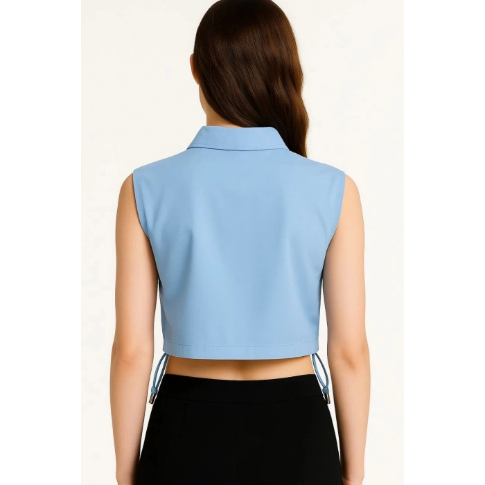 Kadın Crop Poplin Gömlek Yalancı Cepli, Ayarlanabilir Yan Kordonlu, - Bebe Mavisi