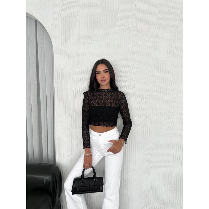 Kadın Dantel Uzun Kol Bluz- Siyah