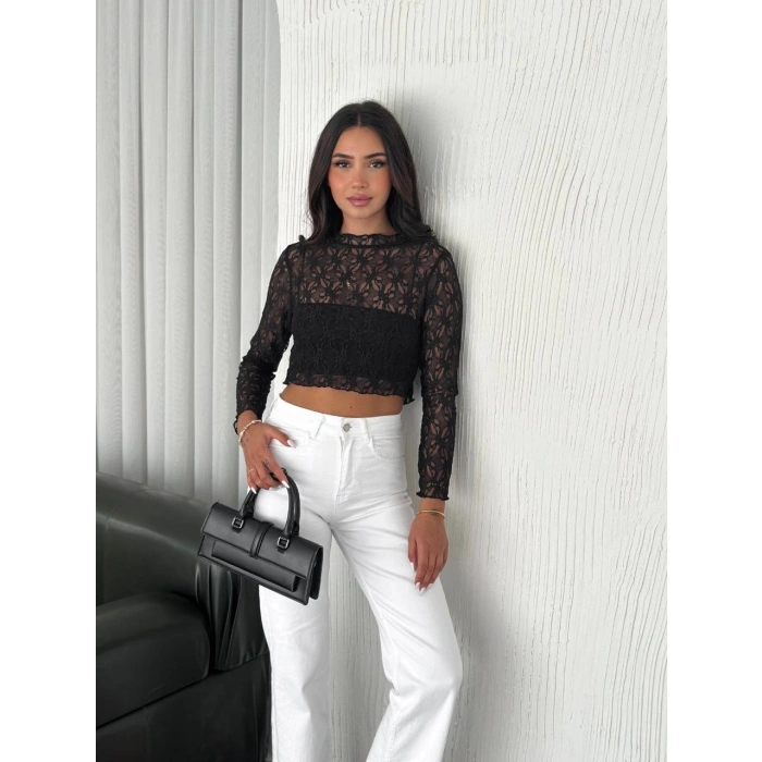Kadın Dantel Uzun Kol Bluz- Siyah