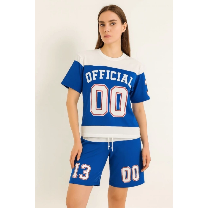 Kadın Şortlu Takım – Oversize İki İplik Kumaş, Ön & Arka Dijital Baskılı Tişört ve Lastikli Cepli Şort, Yazlık Günlük Spor Set - Mavi