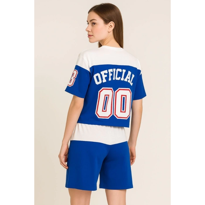 Kadın Şortlu Takım – Oversize İki İplik Kumaş, Ön & Arka Dijital Baskılı Tişört ve Lastikli Cepli Şort, Yazlık Günlük Spor Set - Mavi