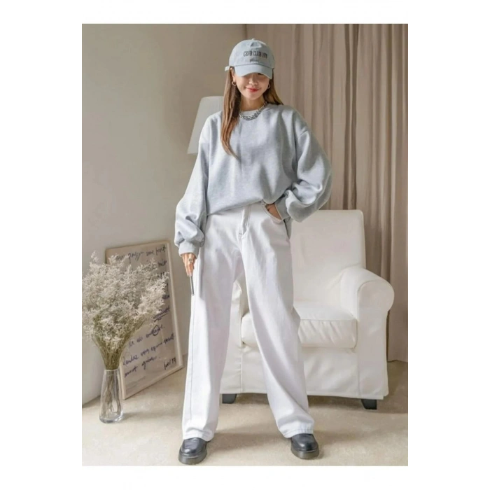 KADIN DÜZ BİSİKLET YAKA SWEAT - GRİ