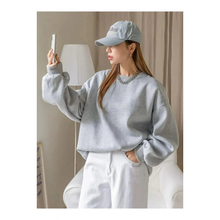 KADIN DÜZ BİSİKLET YAKA SWEAT - GRİ
