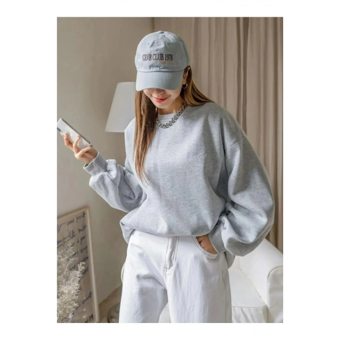 KADIN DÜZ BİSİKLET YAKA SWEAT - GRİ