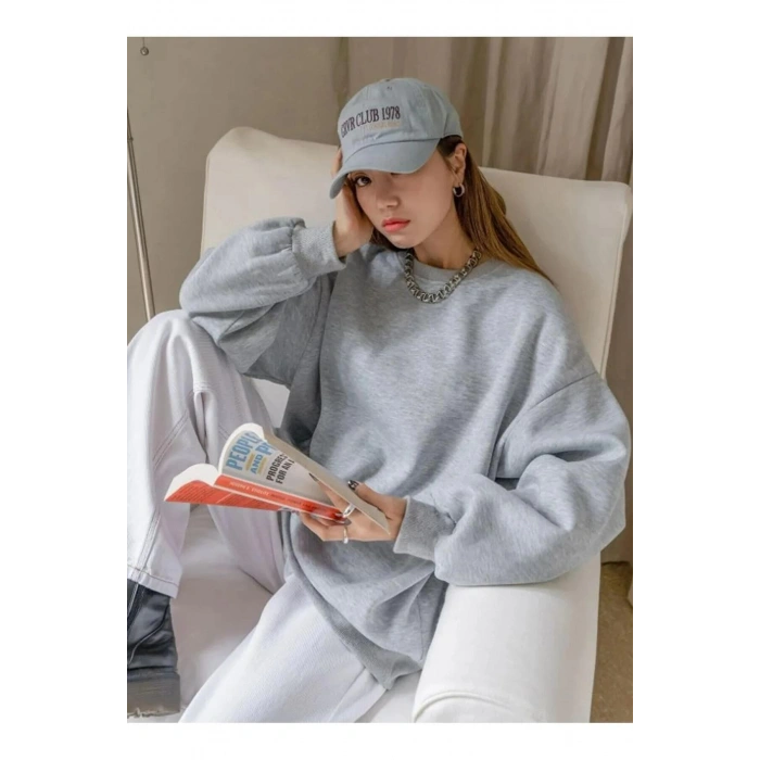 KADIN DÜZ BİSİKLET YAKA SWEAT - GRİ