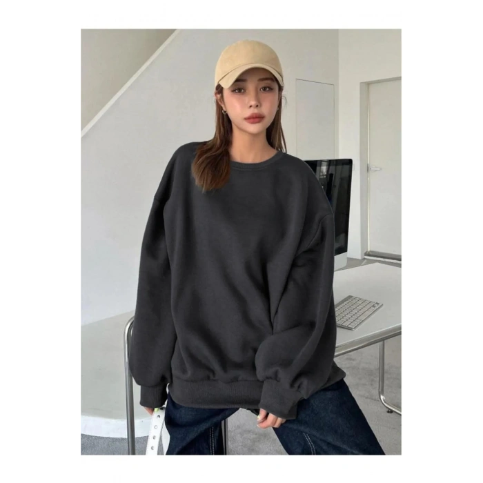 KADIN DÜZ BİSİKLET YAKA SWEAT - SİYAH