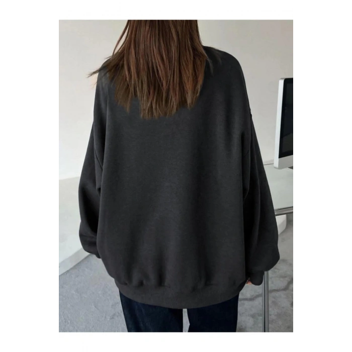 KADIN DÜZ BİSİKLET YAKA SWEAT - SİYAH