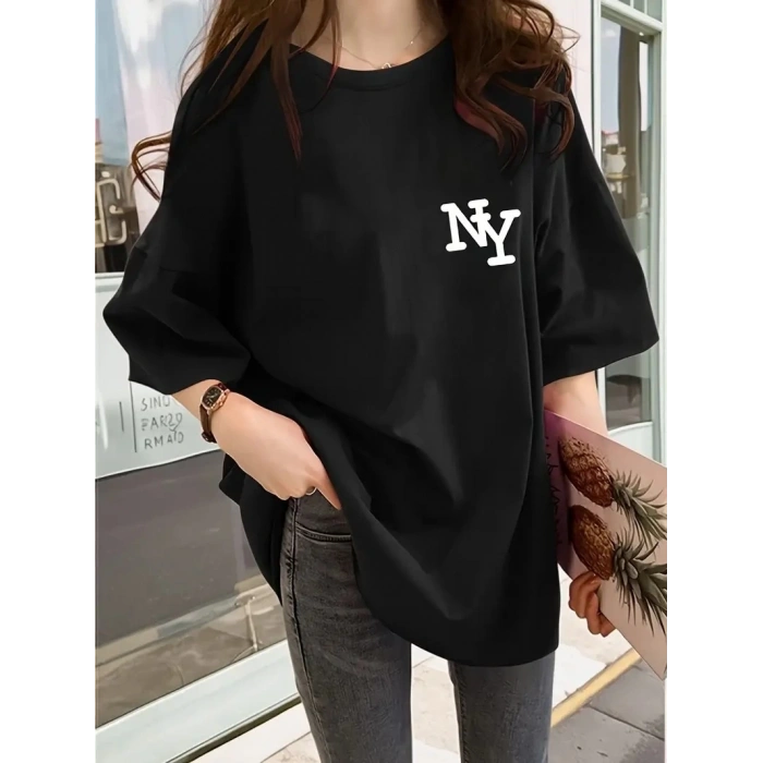 Kadın Eğlenceli Harf NY Baskılı Bisiklet Yaka Tişört - Rahat Polyester, Makinede Yıkanabilir - Yaz ve Fitness için Mükemmel, Yuvarlak Yaka - Siyah