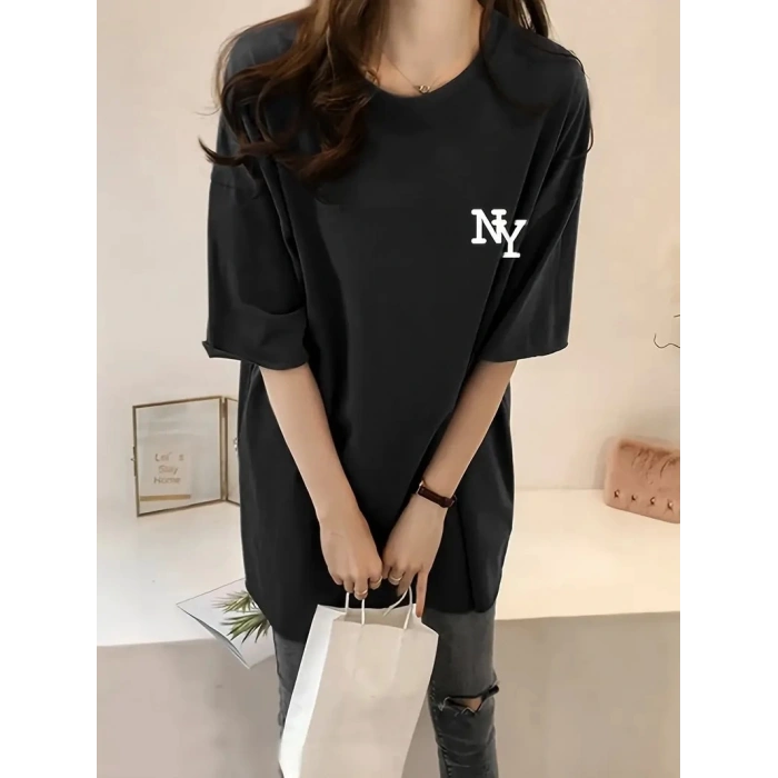 Kadın Eğlenceli Harf NY Baskılı Bisiklet Yaka Tişört - Rahat Polyester, Makinede Yıkanabilir - Yaz ve Fitness için Mükemmel, Yuvarlak Yaka - Siyah