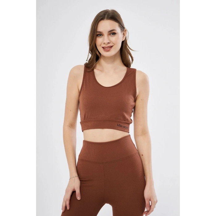 Kadın Fitilli Baskılı Crop - Kahve