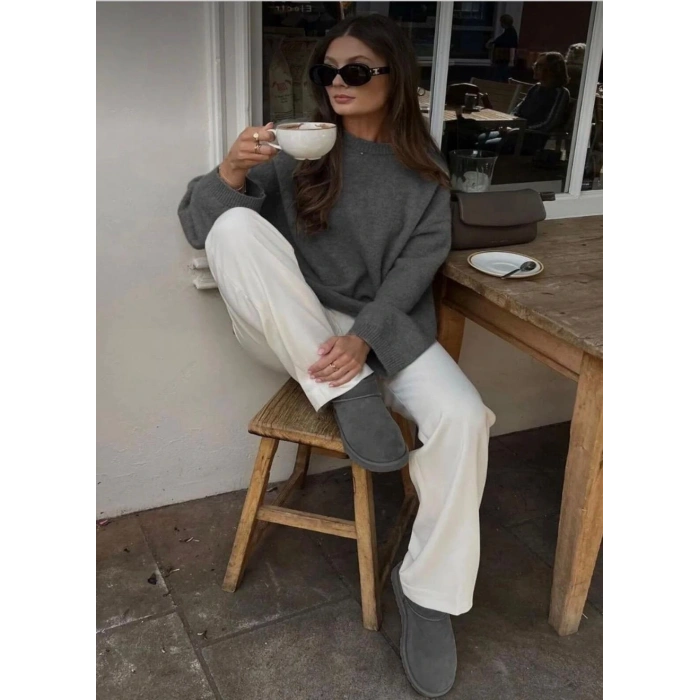 Kadın Gri Oversize Triko Kazak