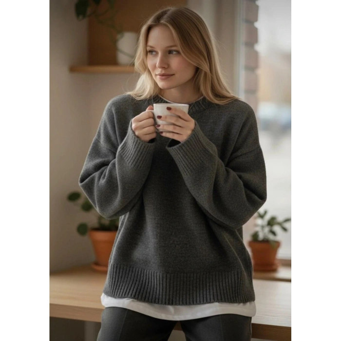 Kadın Gri Oversize Triko Kazak