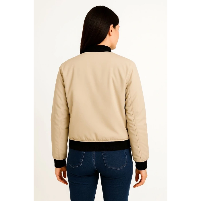 Kadın Bomber Mont Ceket – Fermuarlı, Kapitone İçi Astarlı, Su İtici Kumaş, Regular Fit, Yandan Cepli, Günlük Bahar & Kış Şık Rahat Stil - bej