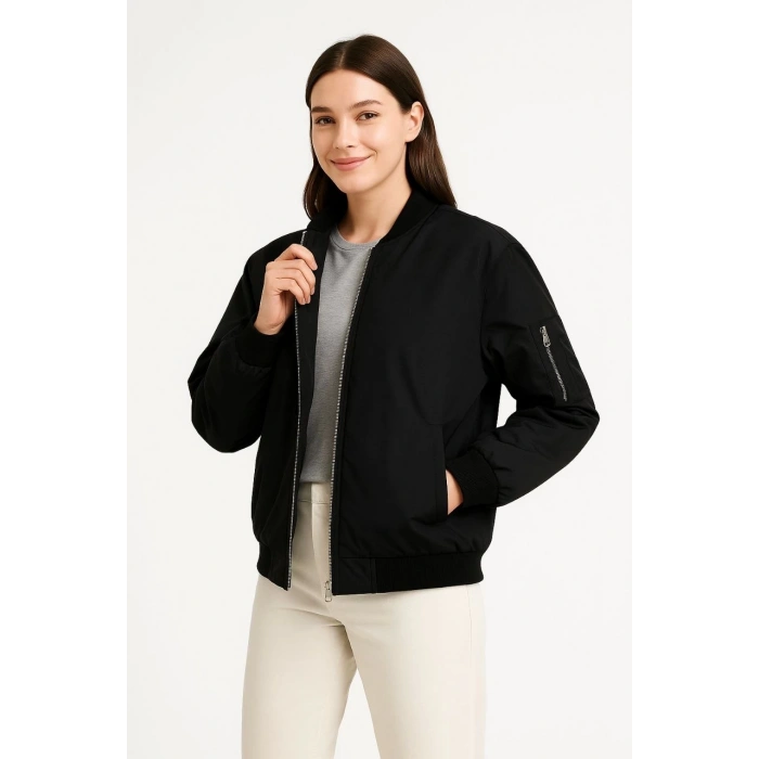 Kadın Bomber Mont Ceket – Fermuarlı, Kapitone İçi Astarlı, Su İtici Kumaş, Regular Fit, Yandan Cepli, Günlük Bahar & Kış Şık Rahat Stil - Siyah