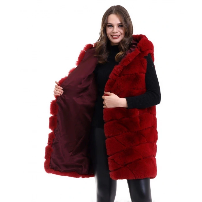 Kadın Kapşonlu Peluş Kürk Yelek Premium Kalite, Tam Astarlı, Uzun Model - Kırmızı