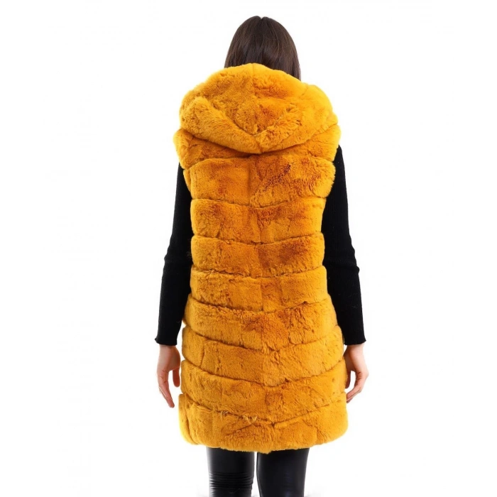 Kadın Kapşonlu Peluş Kürk Yelek Premium Kalite, Tam Astarlı, Uzun Model - Sarı