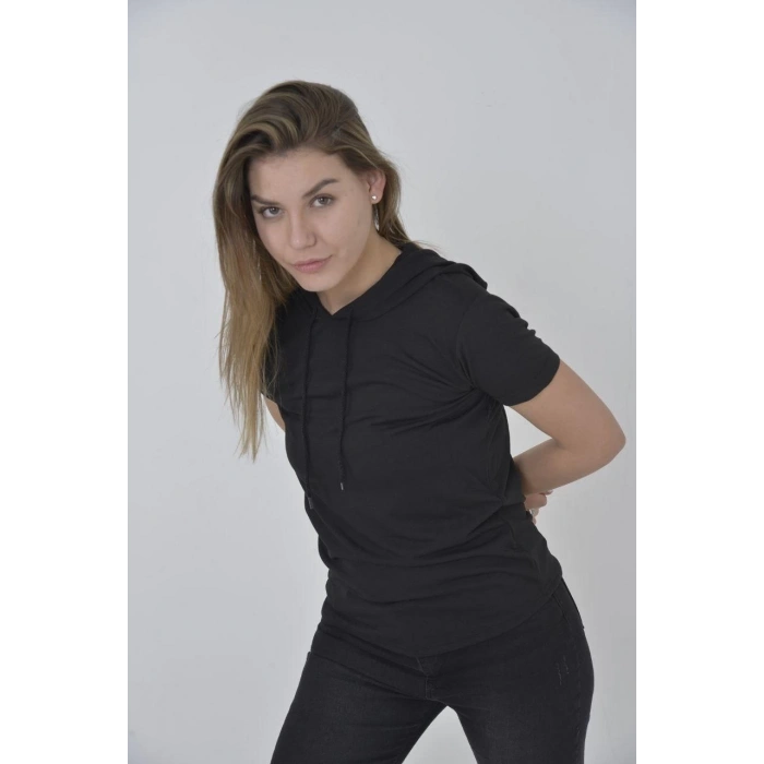 KADIN KAPŞONLU SLİM FİT T-SHİRT - SİYAH