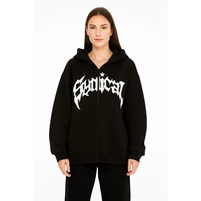 KADIN KAPÜŞONLU 3 İPLİK ŞARDONLU ÖNÜ BASKILI FERMUARLI OVERSİZE SWEATSHİRT - SİYAH