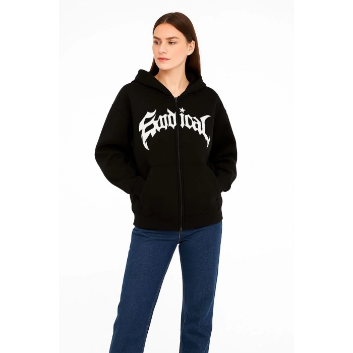 KADIN KAPÜŞONLU 3 İPLİK ŞARDONLU ÖNÜ BASKILI FERMUARLI OVERSİZE SWEATSHİRT - SİYAH