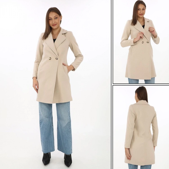 Kadın Kaşe Kaban – Siyah Yünlü Dokuma, Kruvaze Yaka, Astarlı, Cepli, Kuşaklı Uzun Boy Tesettür Uyumlu Kışlık Şık Kaban - Bej